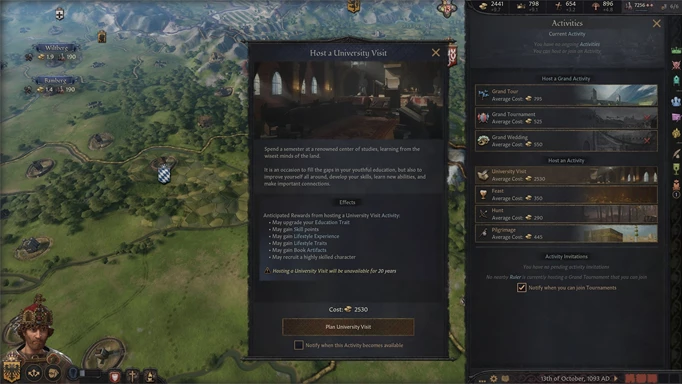 an image of Crusader Kings 3 gameplay, showing the university activity
