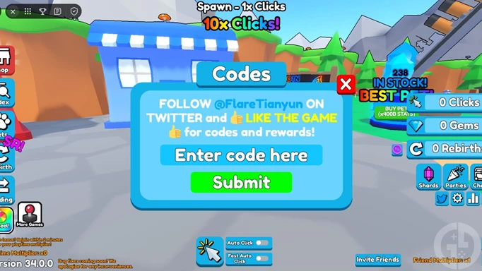 The code redemption screen for Roblox Clicker Party Simulator
