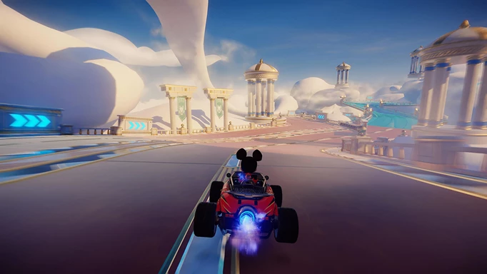 Mickey Mouse racing in the Mount Olympus track in Disney Speedstorm