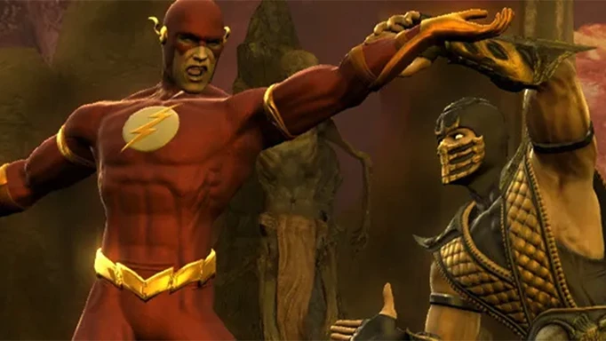 The Flash fighting with Scorpion in Mortal Kombat vs DC Universe.