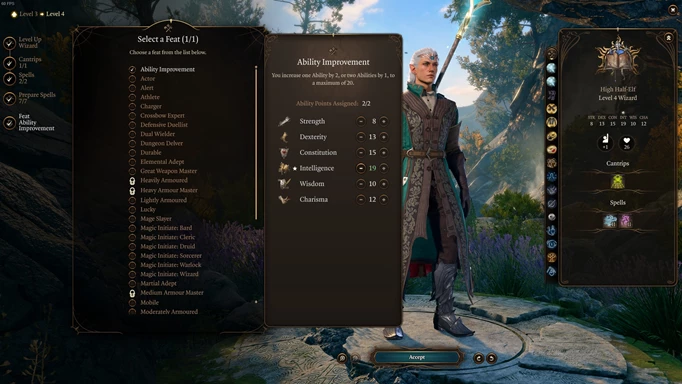 A level 4 Wizard with the Feat selection window in Baldur's Gate 3