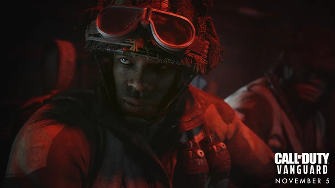 Call of Duty Vanguard Campaign length cutscene shows a soldier in a red light.