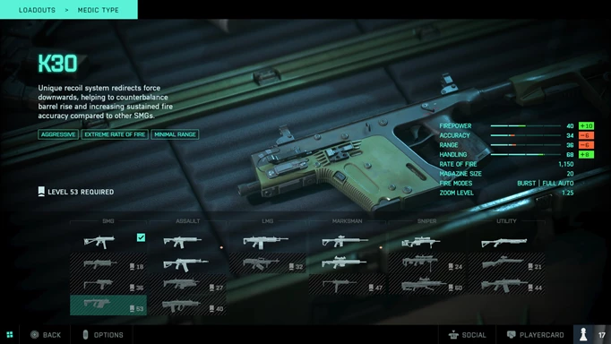A K30 SMG is shown on a loadout screen.