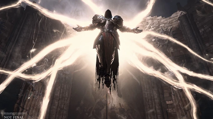 One of the major characters in Diablo 4 flaoting with light tendrils emnating from him