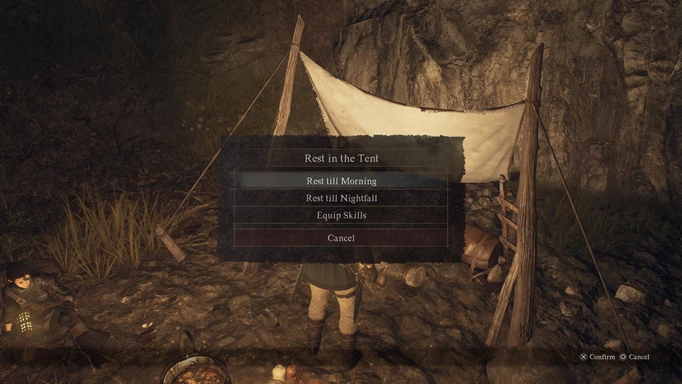 an in-game menu offering the ability to rest at camp till morning or night