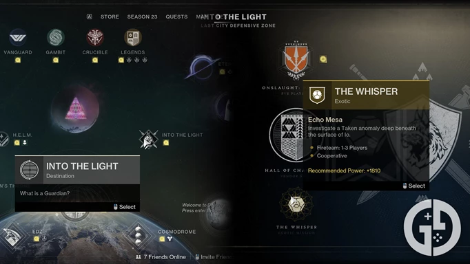 The Whisper mission node in the destination menu in Destiny 2