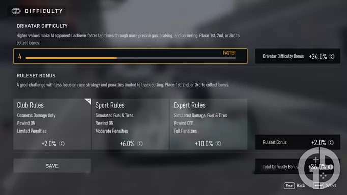The Drivatar difficulty settings in Forza Motorsport