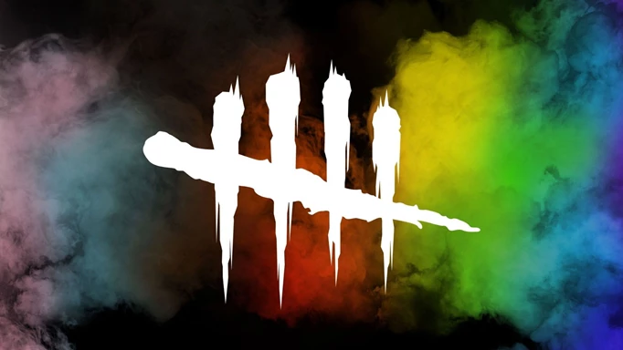 The Dead by Daylight logo surrounded by a rainbow fog