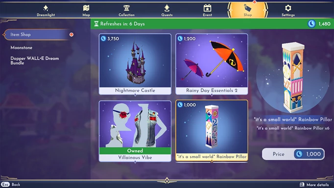 Screenshot showing the Disney Dreamlight Valley shop items in this week's reset