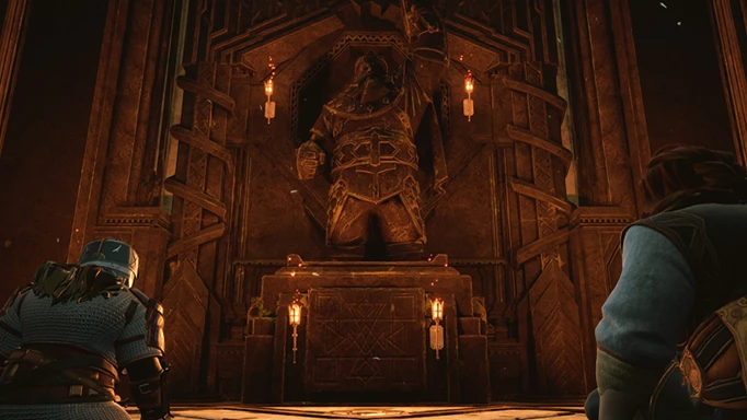 Return To Moria key art showing an ancient Dwarven statue