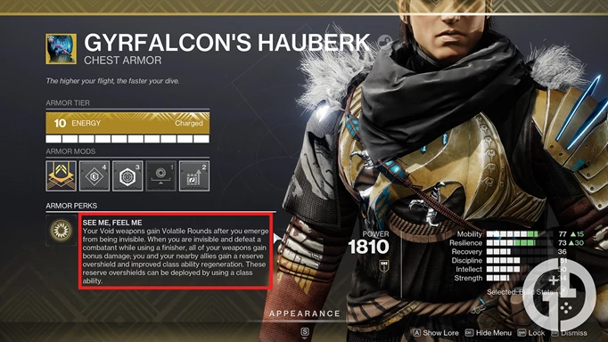 The Gyrfalcon's Hauberk exotic armour with the effect highlighted