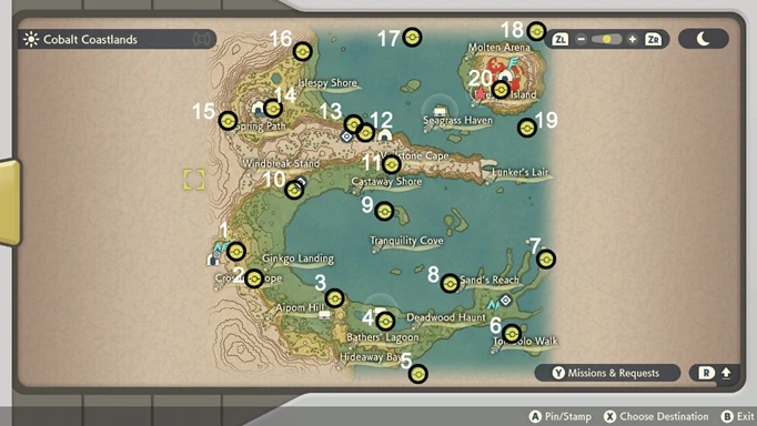 Pokemon Legends Arceus Wisp Locations: Map of Cobalt Coastlands