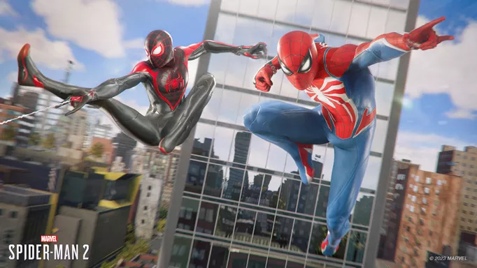 an image of Spider-Man and Miles Morales swinging in Spider-Man 2