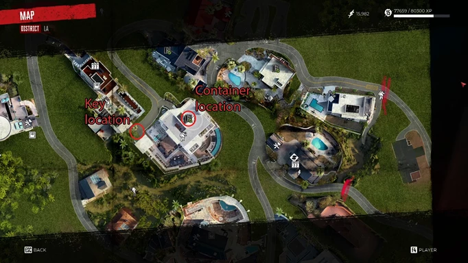 an image of the Dead Island 2 map showing the Biohazard Container key location