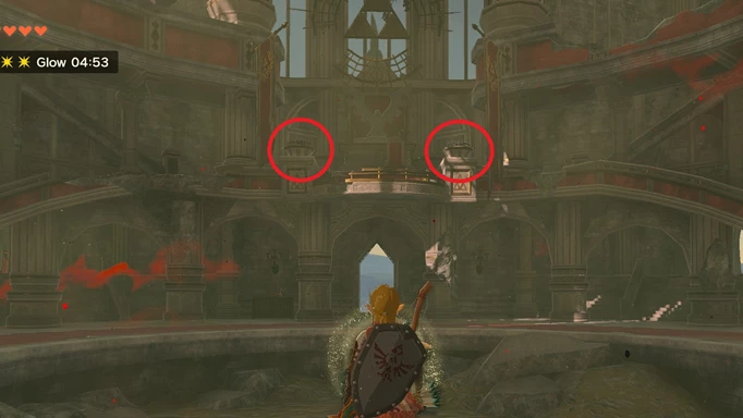 Screenshot of Zelda: Tears of the Kingdom with red circles around the fire pits you need to light