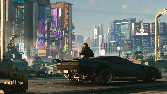 V leaning against their car in Cyberpunk 2077
