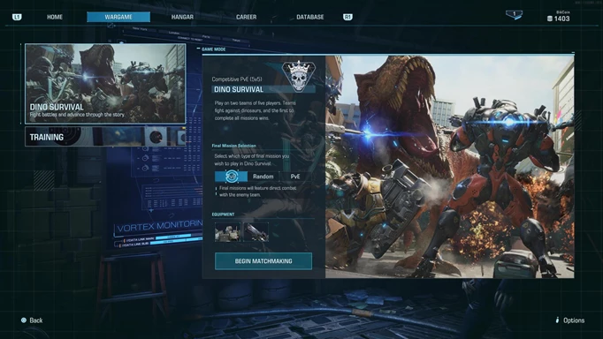 A screenshot of the game select menu in Exoprimal