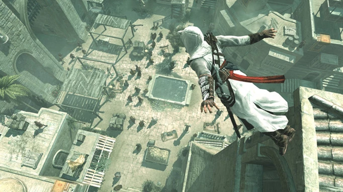 Altair jumping from a vantage point in Assassin's Creed