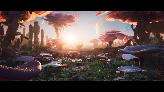 Key art of a planet with mushrooms and flowers in The Outer Worlds 2