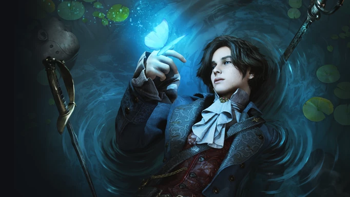 Key art of P from Lies of P. He is lying in a lake, surrounded by swords and holding a butterfly