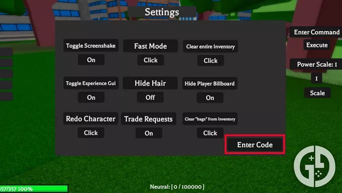 The codes menu in Project XL