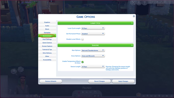The Sims 4 Seasons weather settings