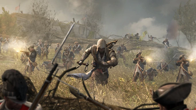 Connor Kenway running through a field in Assassin's Creed 3