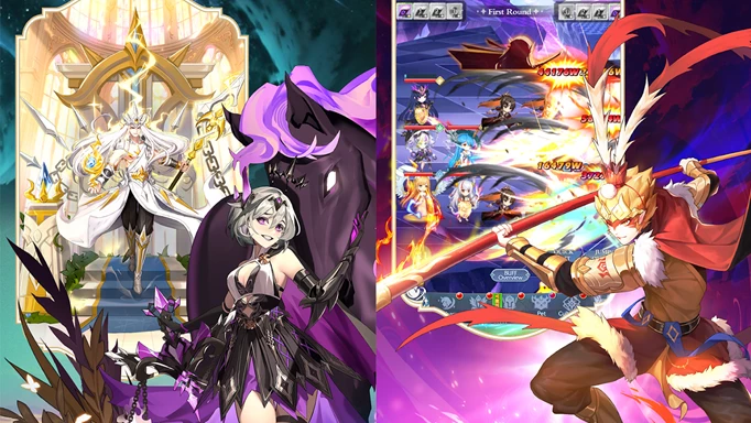 Goddess Connect key art of a battle roster and various characters