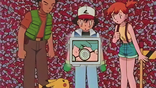 Ash, Brock, Misty and Pikachu in Computer Warrior Porygon.