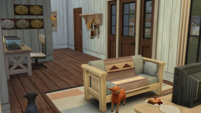 Screenshot of a The Sims 4 Horse Ranch starter home with build mode items