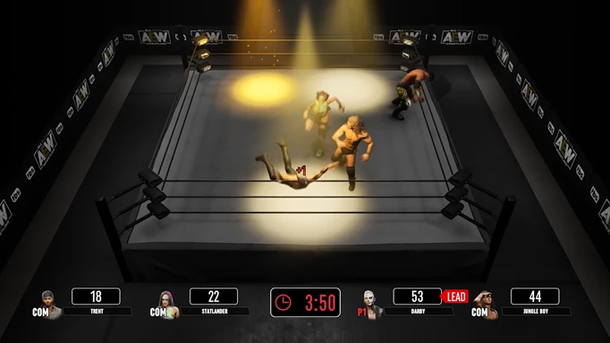 Four players in a spotlight mini game in AEW Fight Forever