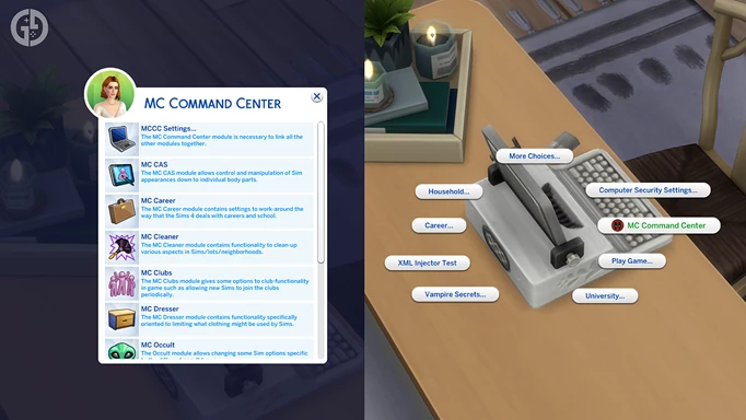 Image of the MC Command Center mod menu and the pie menu you click to access it