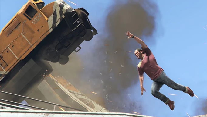 Trevor falls from a derailing train in GTA 5.