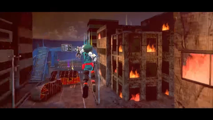 My Hero Ultra Rumble: The player leaps through the air between destroyed buildings