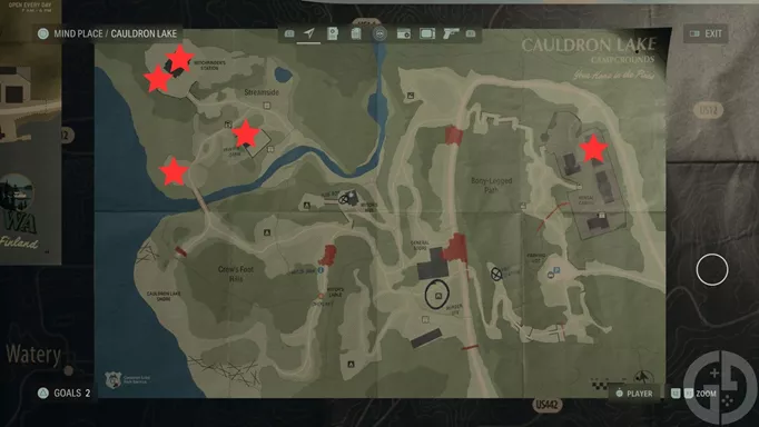 A map showing the locations of Cauldron Lake Nursery Rhymes in Alan Wake 2
