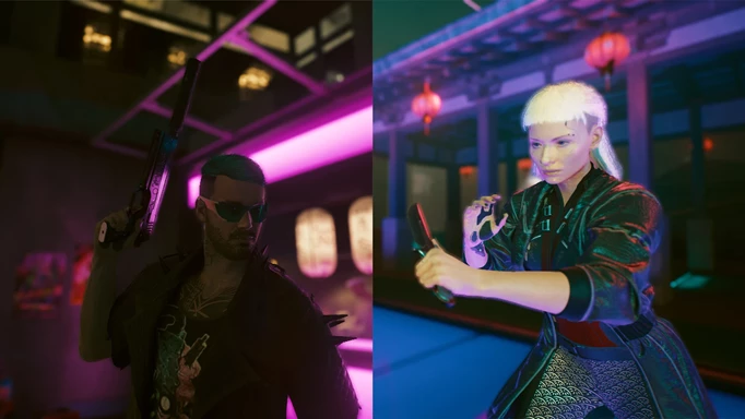 two characters, one with a silenced pistol and one with a throwing knife, in Cyberpunk 2077