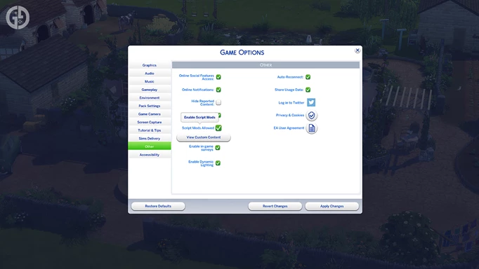 screenshot showing the script option for mods in the sims 4