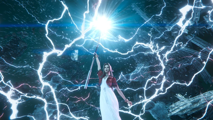 Aerith in Final Fantasy 7 Rebirth, channelling electricity.