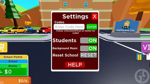 The codes redemption screen in Roblox My School Tycoon