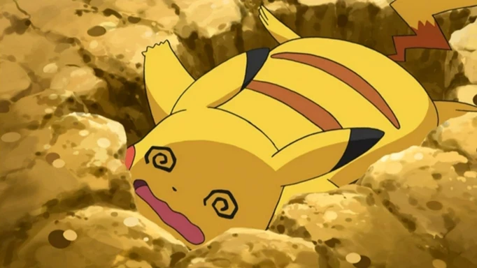 Pikachu in the Pokemon anime with a dazed look on its face