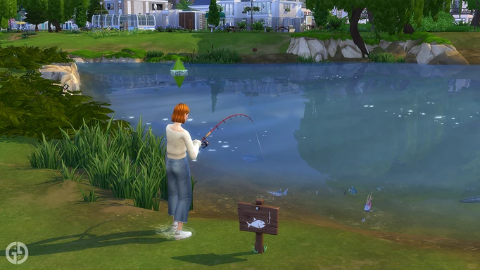 A Sim fishing in The Sims 4