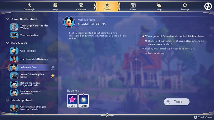 Screenshot showing the A Game of Coins quest in Disney Dreamlight Valley