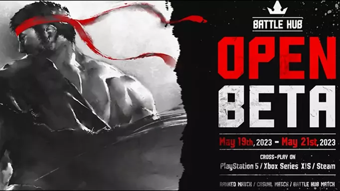 The promo image for the Street Fighter 6 Open Beta, showing Ryu and the details of the beta
