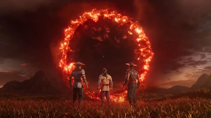 Liu Kang, King Lao and Raiden approach a portal in MK1.