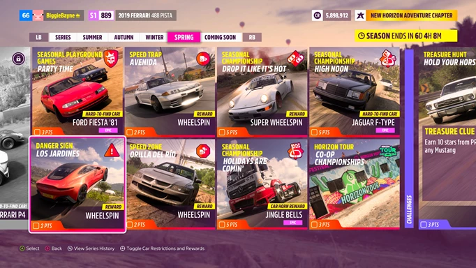 A menu showcasing the Forza Horizon 5 GT cars challenge.