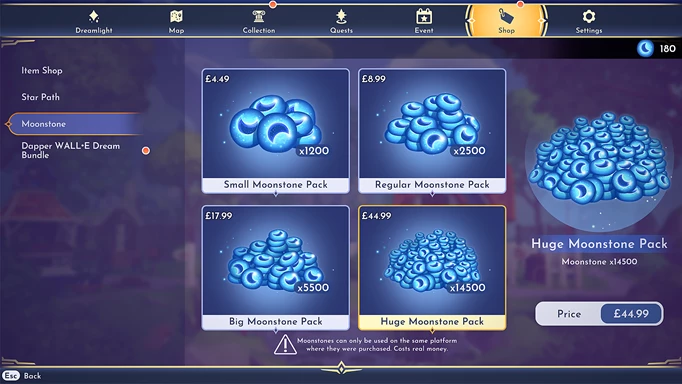 Screenshot showing the prices of Moonstones to purchase in the Premium Shop of Disney Dreamlight Valley