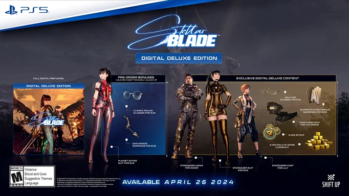 Everything in Stellar Blade's Digital Deluxe Edition, including the Stargazer outfits for EVE, Adam, and Lily