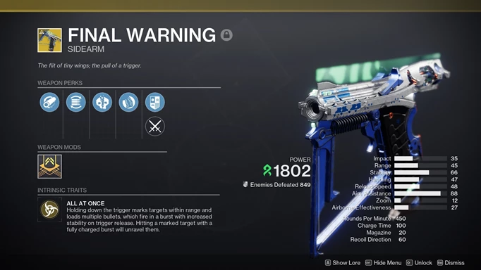 Destiny 2 Lightfall exotic sidearm called Final Warning.