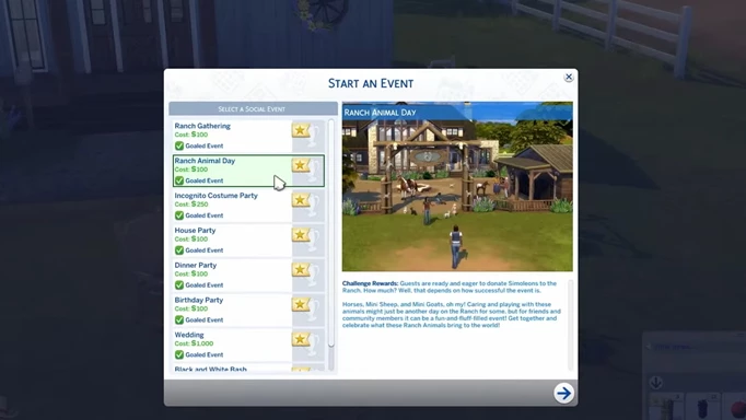 Screenshot showing the Ranch Animal Day menu in The Sims 4 Horse Ranch pack