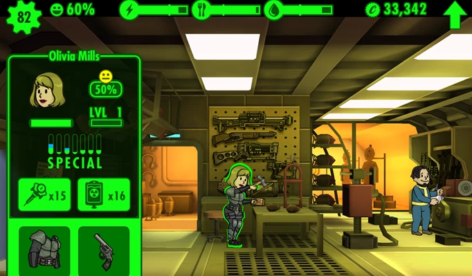 Olivia Mills, a character in Fallout Shelter, uses a weapons bench, one of the best games like The Sims